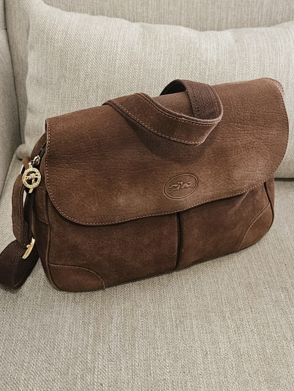 Longchamp Vintage Brown Leather Crossbody Bag Horse Logo France Classic